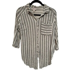 VIXBE Striped‎ Tie Front Button Up Shirt Roll Tab Sleeves Black White Med Women